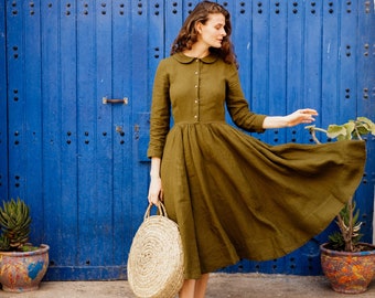 GREEN LINEN DRESS | Linen Midi Dress, Long Sleeve Dress, Cottagecore Dress, Fall Clothing, Linen Shirtdress, Fit And Flare Dress, Sondeflor