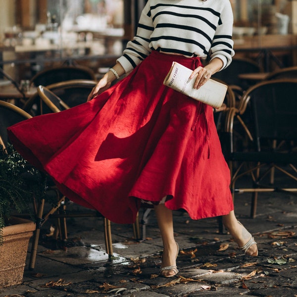 WRAP SKIRT | Red Poppy Full Circle Skirt, Red Linen Wrap Skirt, Fairytale Fashion Clothing, Wrap Skirt, Cottagecore Clothes, Linen Skirt