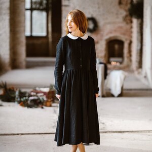 BLACK LINEN DRESS White Collar Dress 