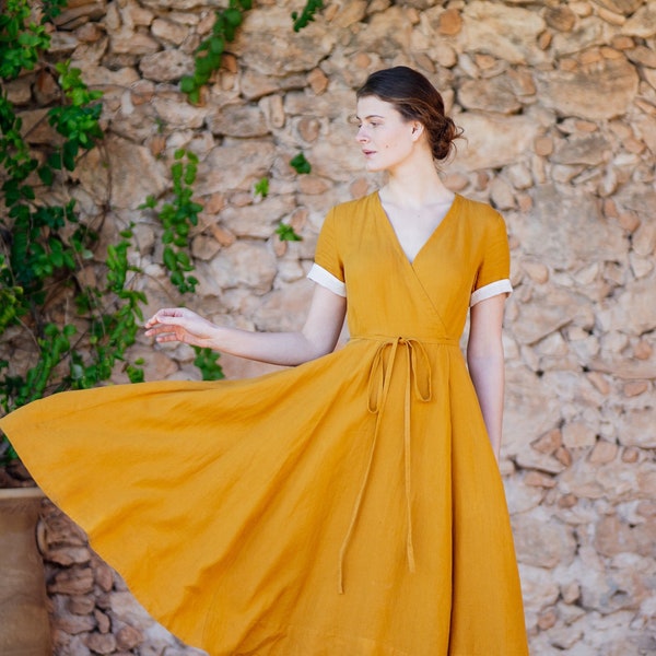 YELLOW WRAP DRESS | Linen Wrap Dress, Summer Dresses, Wedding Guest Dress, Cottagecore Dress, Minimalist Dress, Marigold Dress, Sondeflor