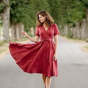 RODE OVERSLAGJURK | Jurk moeder van de bruid, linnen kleding, lentestijl, gelegenheidsjurken dames, formele kleding, cocktailpartyjurk