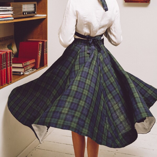 JUPE À CARREAUX | Jupe en lin tartan, vêtements universitaires sombres, jupe trapèze verte, jupe des années 40 avec poches, style vintage, jupe taille haute