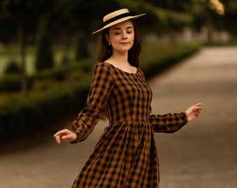 CHECKERED LINEN DRESS | Eyre Dress, Short Sleeve, Brown Checkers Dress, Victorian Dress, Shirinatra Limited Collection, Son de Flor