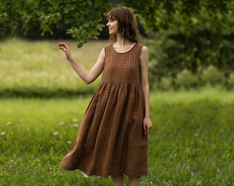 SLEEVELESS SMOCK DRESS | Brown Checkers Dress, Linen Dress, Plus Size Clothing, Oversize Dress, Loose Maxi Dress, Outlander Dress, Sondeflor