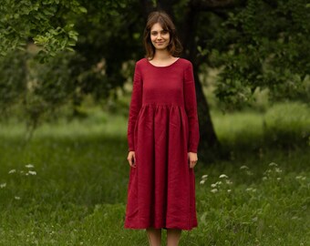 RED SMOCK DRESS | Long Sleeve Dress, Linen Dress, Oversize Dress, Plus Size Clothing, Loose Fitting Dress, Pure Linen Dress, Sondeflor Dress