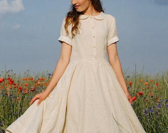 COLLARED DRESS | White Hemp Dress, Peter Pan Collar, White Dress, White Collar, Classic Dress, Cottagecore, Sondeflor