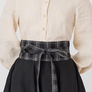 WIDE RIBBON BELT | Black Tartan Obi Belt, Corset Belt For Women, Kimono Belt, Halloween Costume Accessories, Waist Belt, Wide Wrap Belt