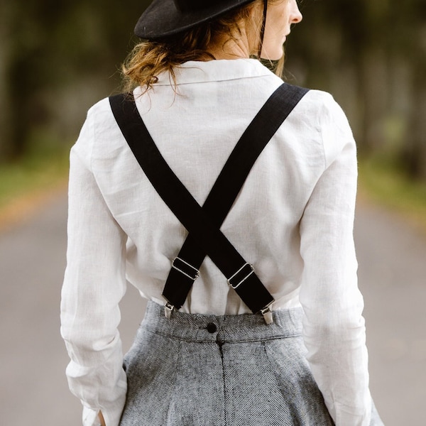 WOMEN SUSPENDERS | Black Suspenders, Women's Linen Suspenders, Cottagecore Suspenders, Mid Century Modern, Vintage Style, Gift for Her
