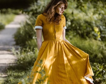 Midi Linen Dress, Linen Clothing, Mustard Yellow Dress, Peter Pan Collar Dress, Short Sleeve Dress, Yellow Linen Dress, Classic Dress