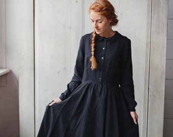 VINTAGE STYLE DRESS | Black Linen Dress, Edwardian Style Dress, 1950 Clothing, Cottagecore Clothes, Peasant Dress, Medieval Dress, Boho