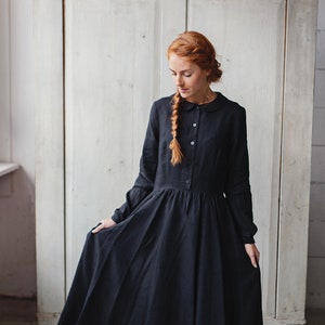 JURK IN VINTAGE STIJL | Zwarte linnen jurk, jurk in Edwardiaanse stijl, 1950-kleding, Cottagecore-kleding, boerenjurk, middeleeuwse jurk, boho