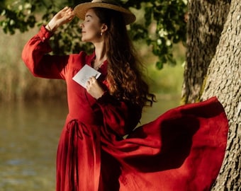 RED LINEN DRESS | Darcy Dress, Long Sleeve, Red Poppy Dress, Victorian Dress, Shirinatra Limited Spring Collection, Son de Flor