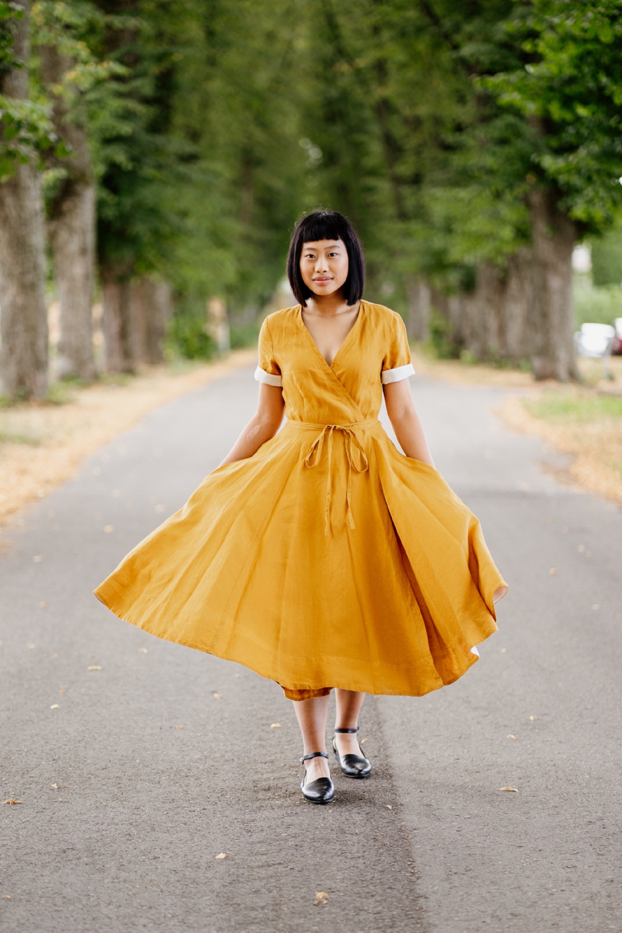 YELLOW WRAP DRESS Linen Dress With 