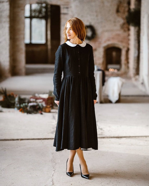 BLACK LINEN DRESS White Collar Dress 