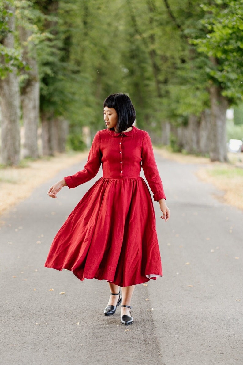 RED LONG DRESS | Linen Dress, Cottagecore Dress, Classic Dresses, Edwardian Era, Long Sleeves, Mid Century Modern 