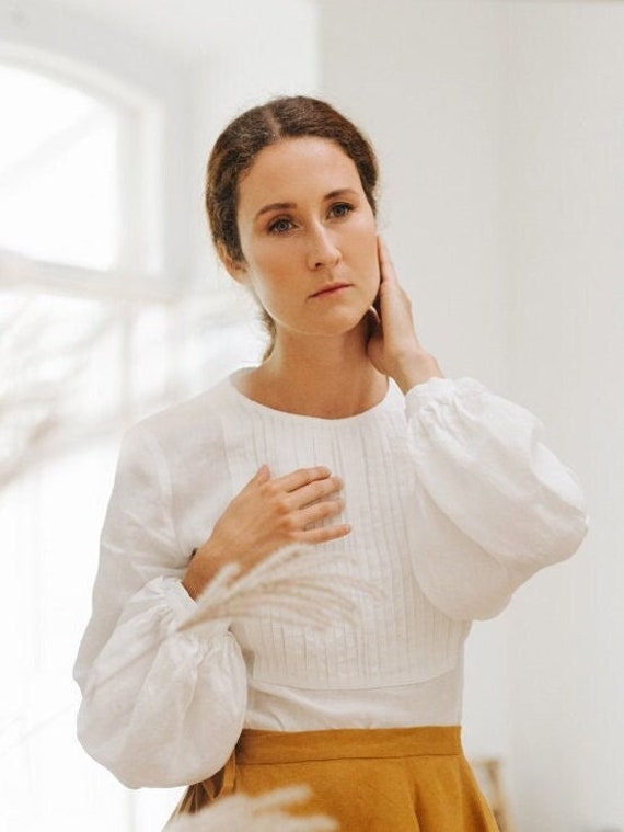 BISHOP SLEEVE BLOUSE White Linen Blouse Puffy Sleeves Top - Etsy