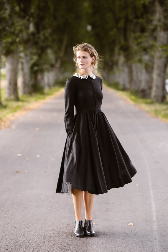 Long Sleeve Black Dress Handmade Linen ...