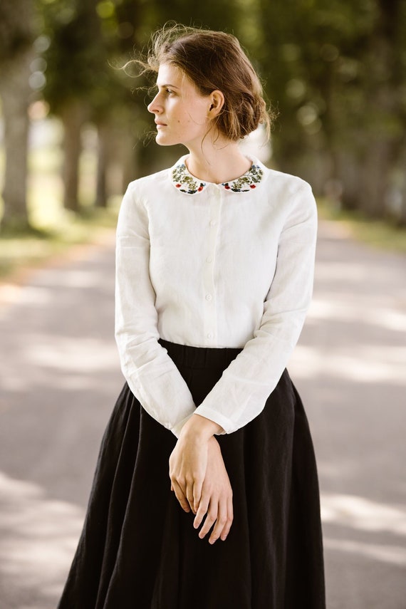 FLOWER EMBROIDERY SHIRT Embroidered Collar Linen Top, Long Sleeves Blouse, Victorian Style Blouse, White Linen Shirt, Peter Pan Collar - Etsy FLOWER EMBROIDERY SHIRT Embroidered Collar Linen Top, Long Sleeves Blouse, Victorian Style Blouse, White Linen Shirt, Peter Pan Collar - Etsy