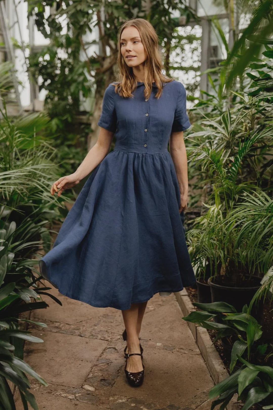 Classic  Short Sleeve Peter Pan Collar Linen Dress, Moonlight Blue / XS