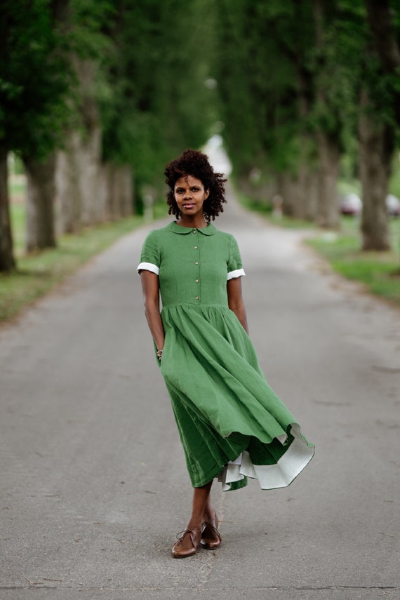 Spring Green Linen Dress Short Sleeve 