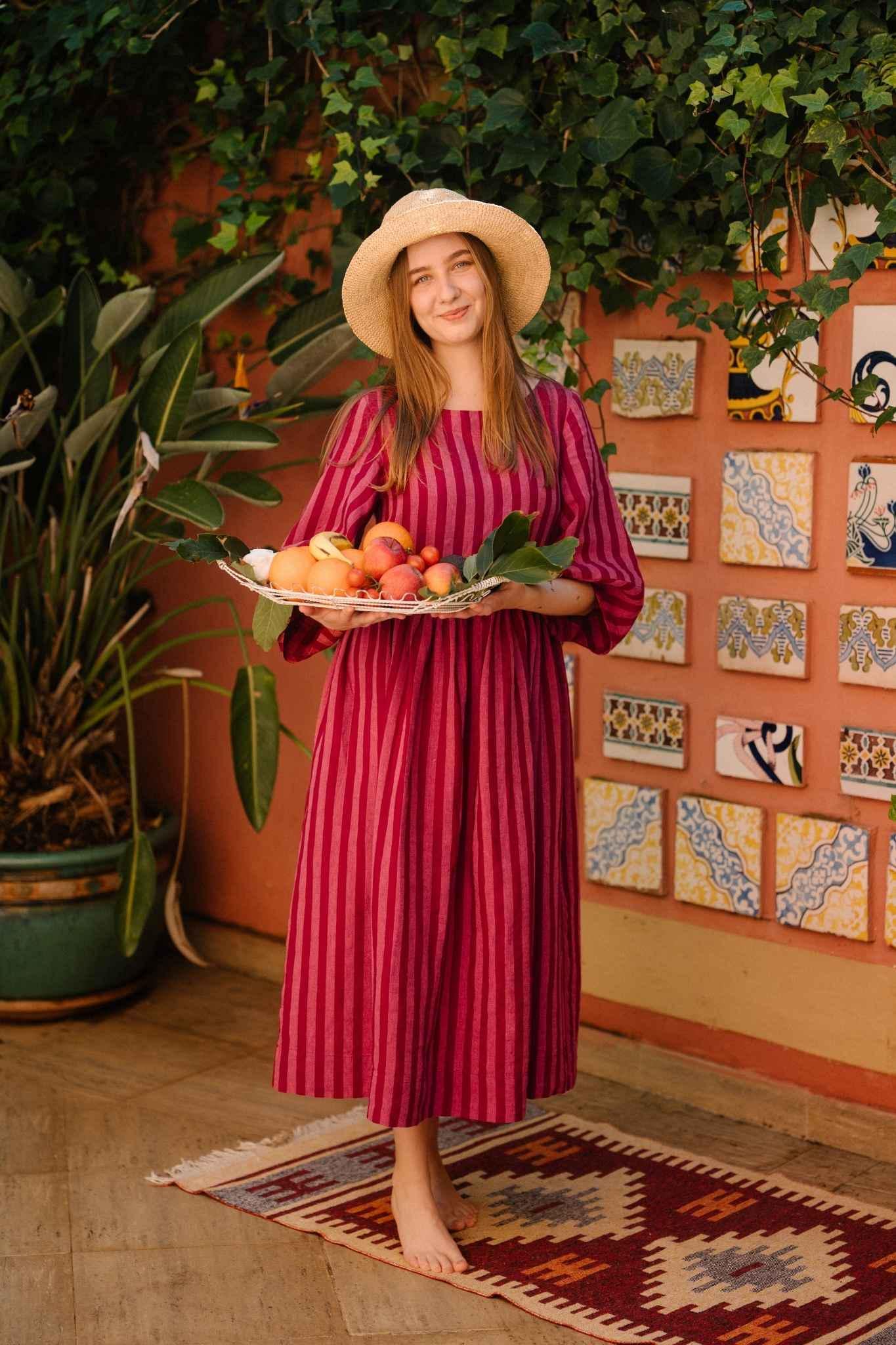 Gaia – Linen Smock Dress, Raspberry Stripes - Etsy
