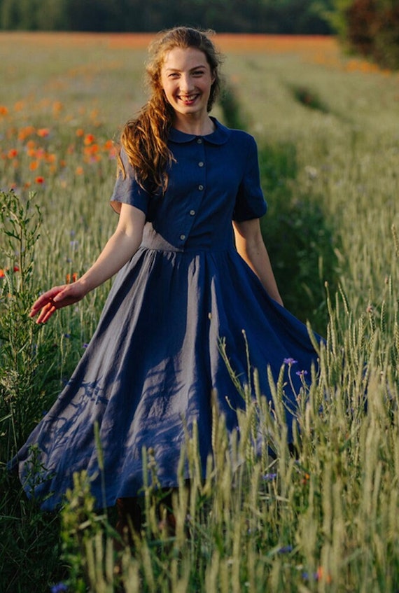 COLLARED DRESS Blue Linen Dress Peter Pan Collar Blue Dress Blue Collar Classic Dress Cottagecore Sondeflor