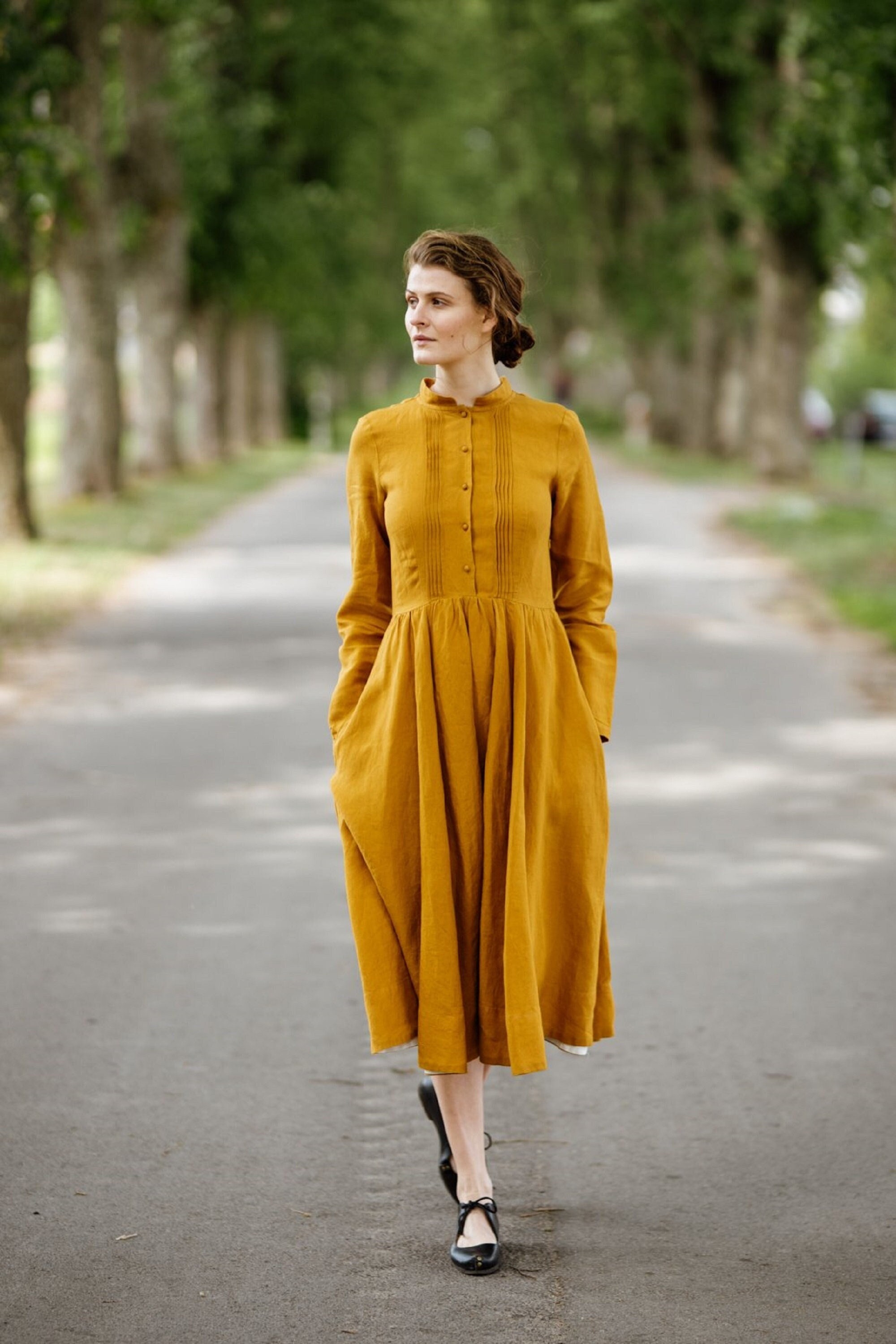 Mustard Yellow Dress Linen Long Sleeve ...