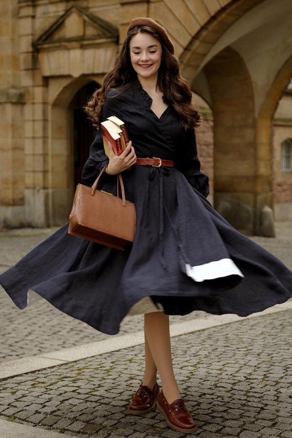 navy blue dress with brown belt Darcy – Linen Wrap Ruffled V-Neckline, Night and perfect for office