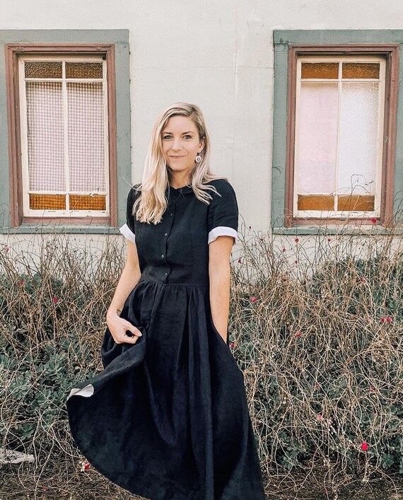 midi black linen dress