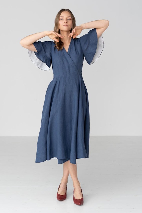 blue butterfly sleeve dress Plus V Neck Butterfly Sleeve Satin Dress Royal Blue / 2XL