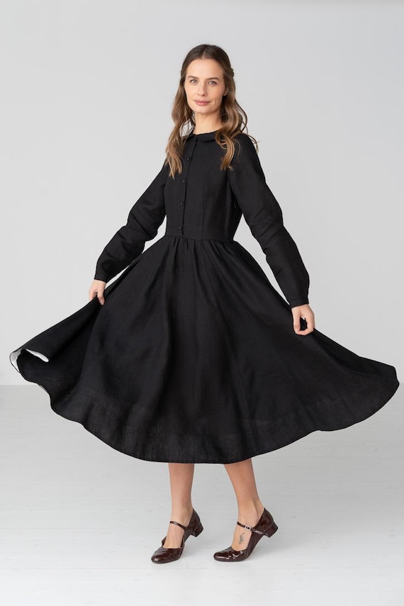 Classic  Long Sleeve Peter Pan Collar Linen Dress, Black Pansy / XS