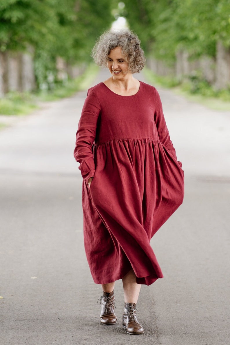 LOOSE MIDI DRESS| Plus Size Burgundy Dress, Smock Dresses, Flowy Maternity Dress, Long Sleeve, Marsala | Will Ship In 24 Hours 