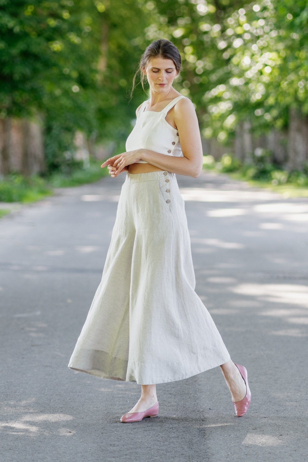 WHITE MAXI TROUSERS Natural Dot Linen 