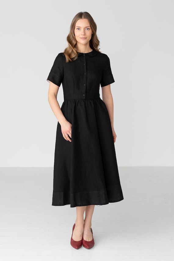 Classic - Short Sleeve Peter Pan Collar Linen Dress, Black Pansy Classic - Short Sleeve Peter Pan Collar Linen Dress, Black Pansy