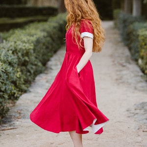 DRESS WITH POCKETS Linen Maxi Dress, Christmas Dress, Short Sleeves, Mid Century Modern, 50 Style, Classic Red, Sondeflor image 2