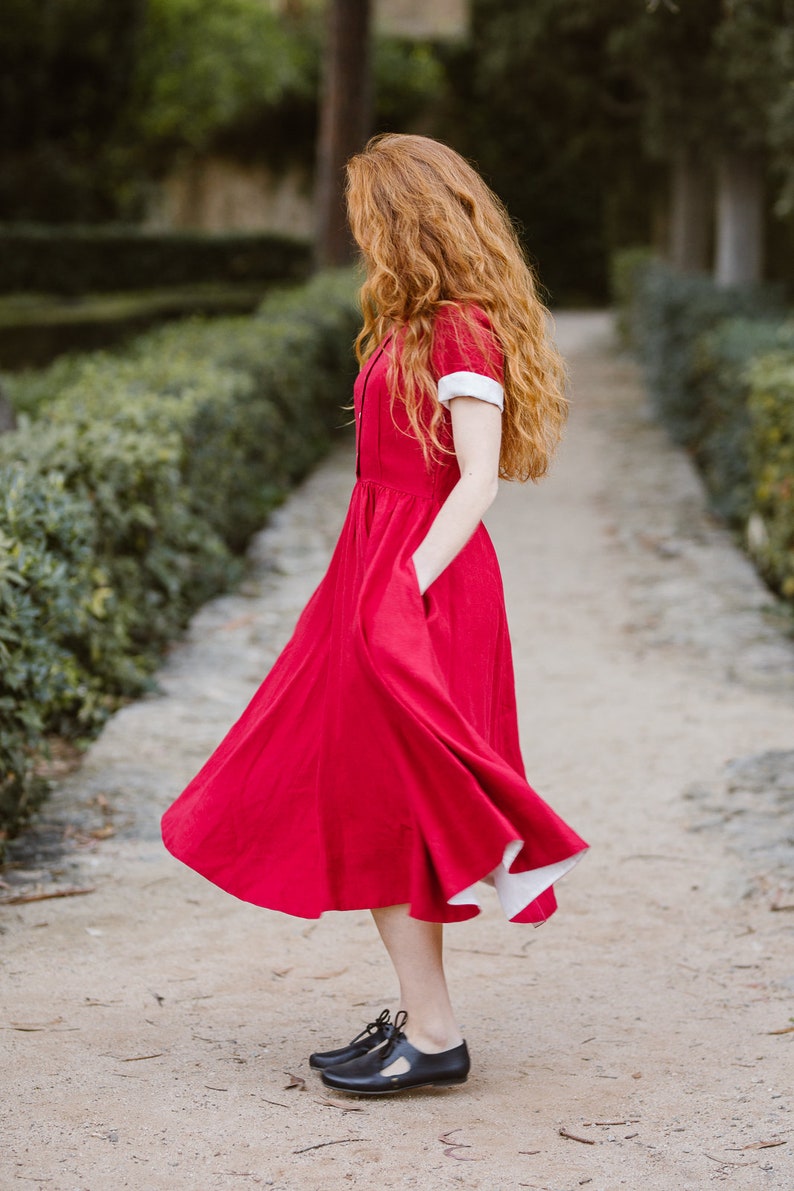 DRESS WITH POCKETS Linen Maxi Dress, Christmas Dress, Short Sleeves, Mid Century Modern, 50 Style, Classic Red, Sondeflor image 2