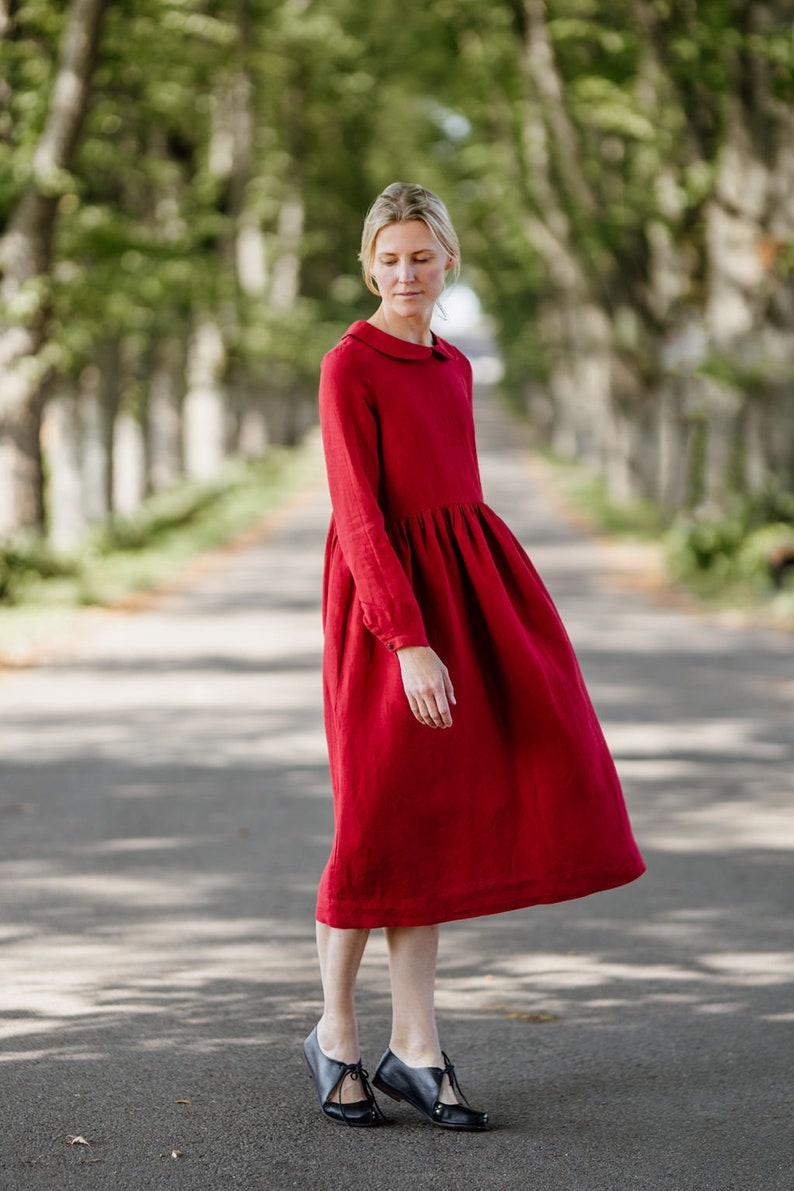 Peter Pan Collar Dress Holiday Dress Long Sleeve Laelia Dress Red Linen Dress Red Christmas Dress Midi Linen Dress High Waist Dress