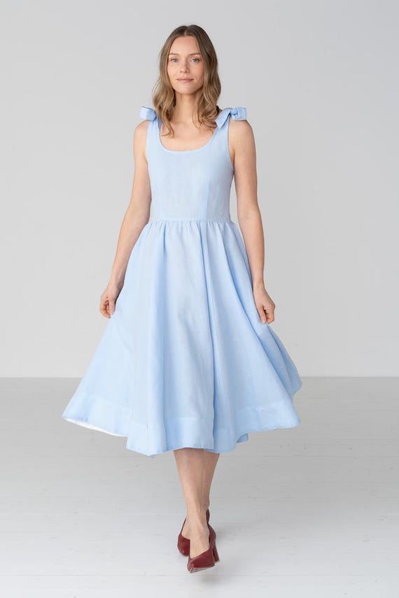chinese dress ladies Blue Linen Midi Dress MILA with Open Lace Back main image 0