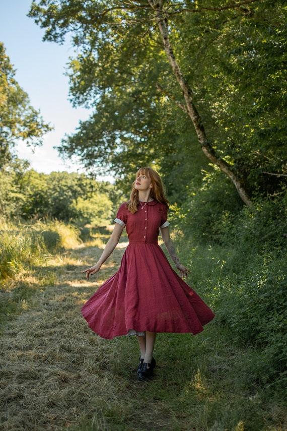 hed få faldskærm RED LINEN DRESS Mid Century Modern Modern 50s Dress - Etsy