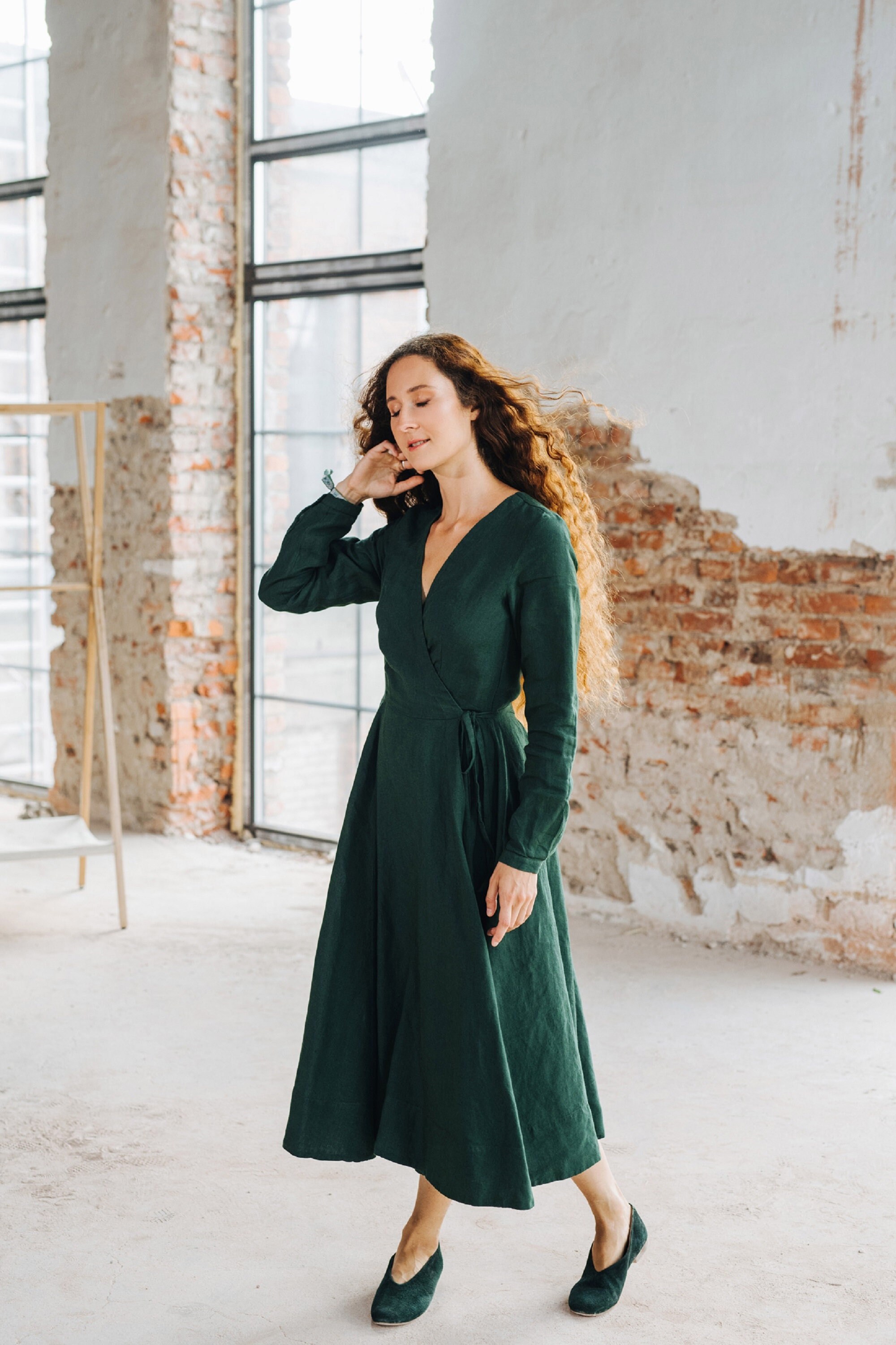 LINEN WRAP DRESS Forest Green Dress 