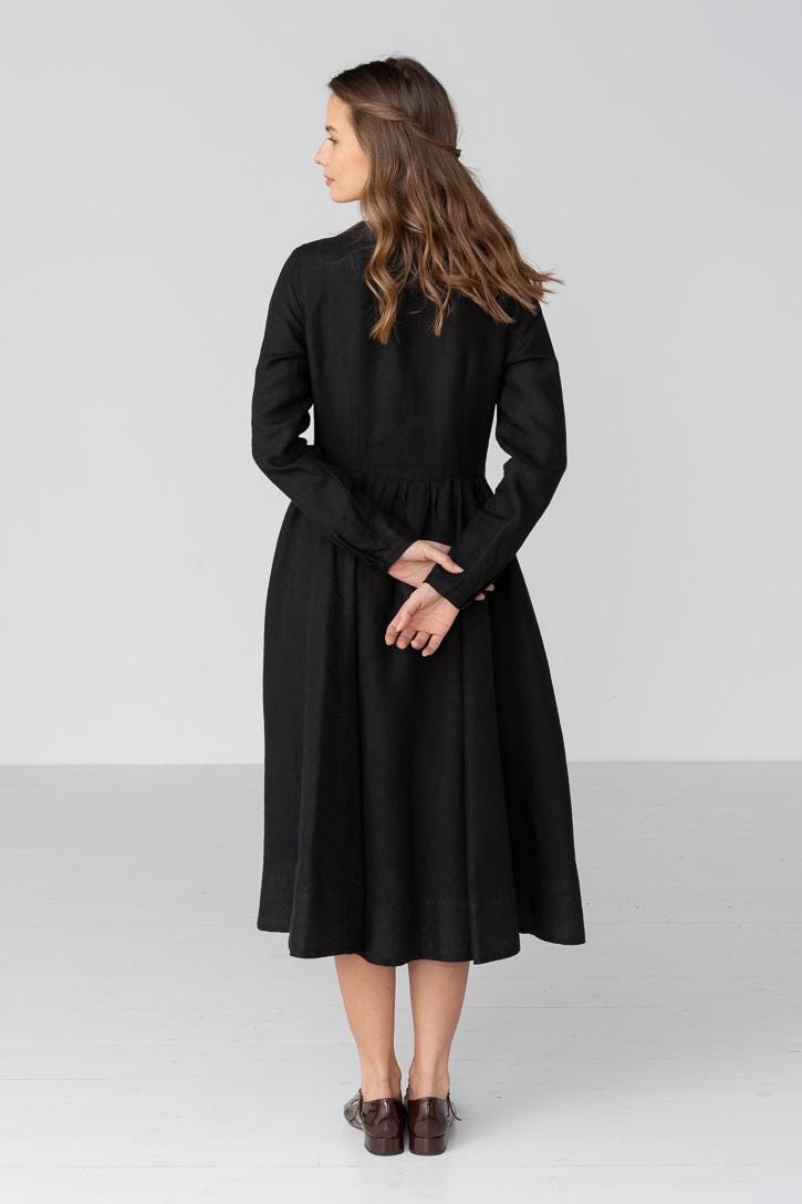 Classic  Long Sleeve Peter Pan Collar Linen Dress, Black Pansy / XS
