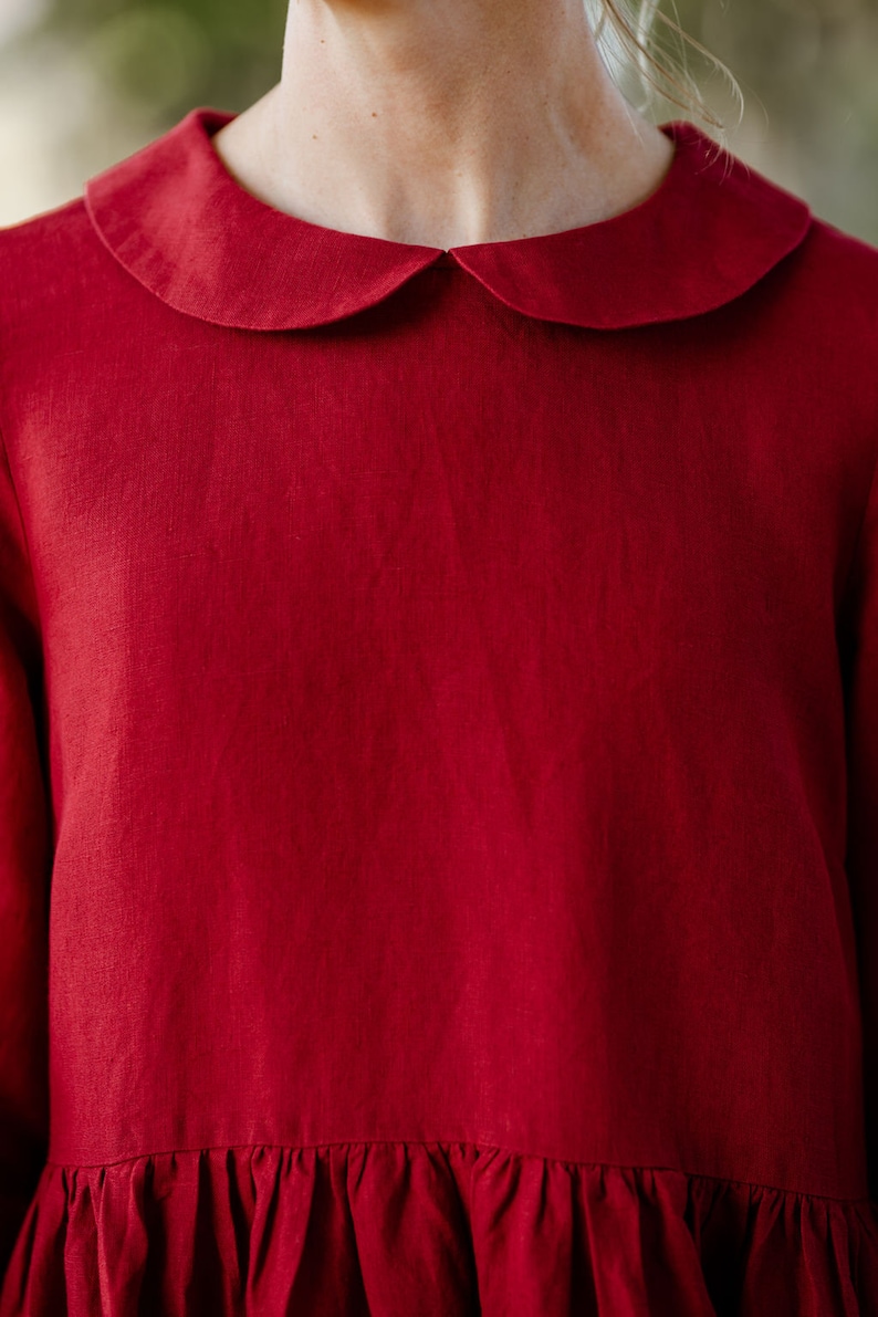 Peter Pan Collar Dress Holiday Dress Long Sleeve Laelia Dress Red Linen Dress Red Christmas Dress Midi Linen Dress High Waist Dress