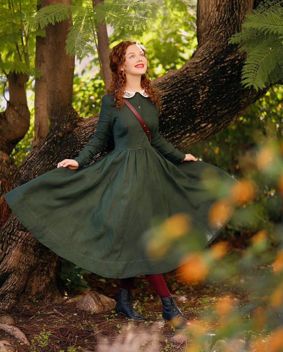 GREEN OCCASION DRESS | Retro Style Dress With Collar, Romantic Prairie Dress,  Regency Dress,spring Style Clothing,midi Formal Cocktail Dress - Etsy  Finland
