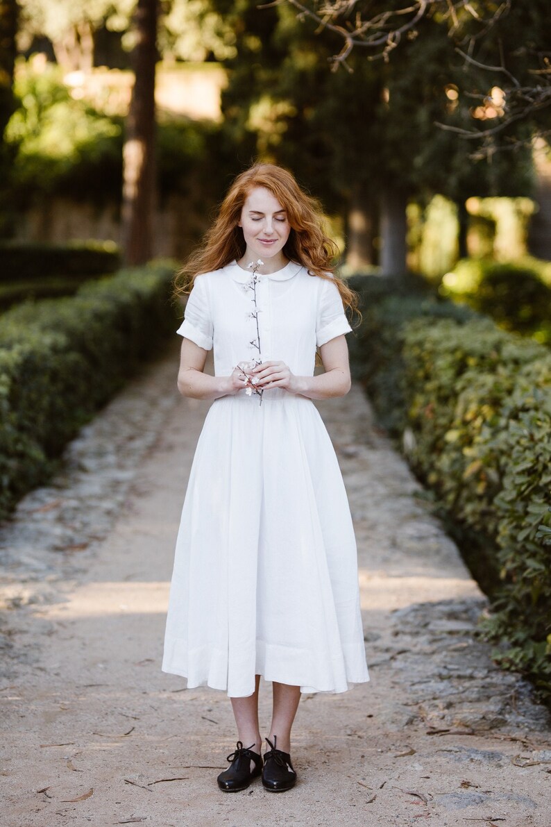 VINTAGE WHITE DRESS | Linen Dresses, Peter Pan Collar Dress, Minimal Wedding Dress, 50s Wedding Dresses, Short Sleeves 