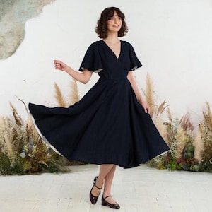 BLACK LINEN DRESS | Victorian Dress, Cocktail Wrap Dress, Black Preppy Dress, Wedding Guest Dress, Vintage Dresses For Women, 60s Dress