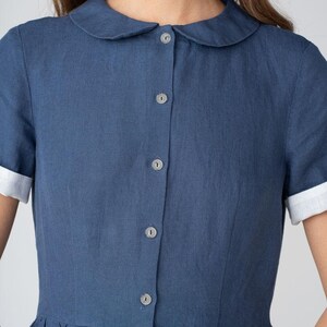 Vestido clássico de linho com gola Peter Pan e mangas curtas, azul luar. imagem 8
