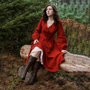 RODE VICTORIAANSE JURK | Lentestijl, cocktailjurken voor dames, jurk bruiloftsgast, outfit voor avondje uit, jurk met bisschopsmouwen, formele kleding