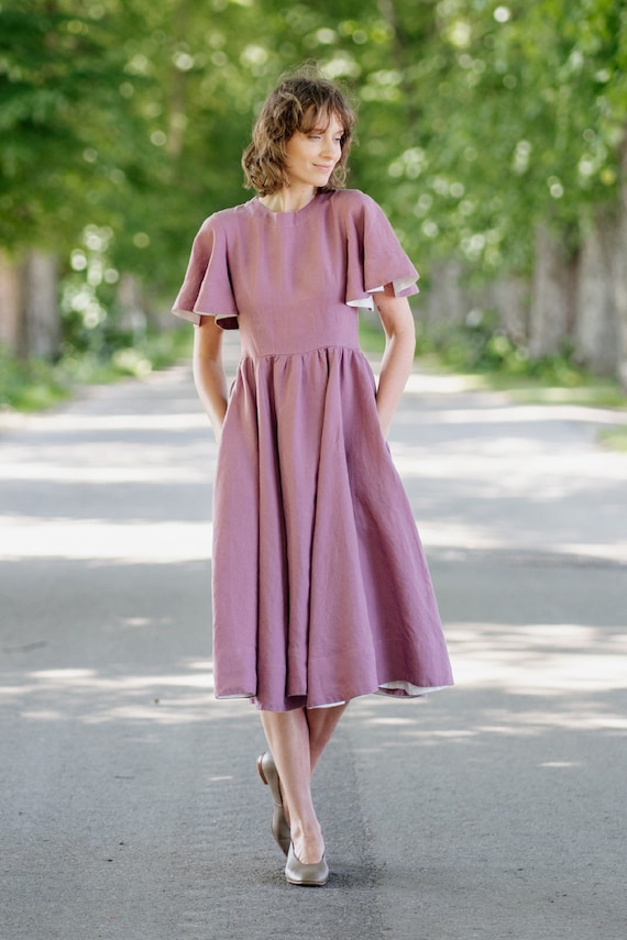 PURPLE LINEN DRESS Mid Century Modern Butterfly Sleeve 