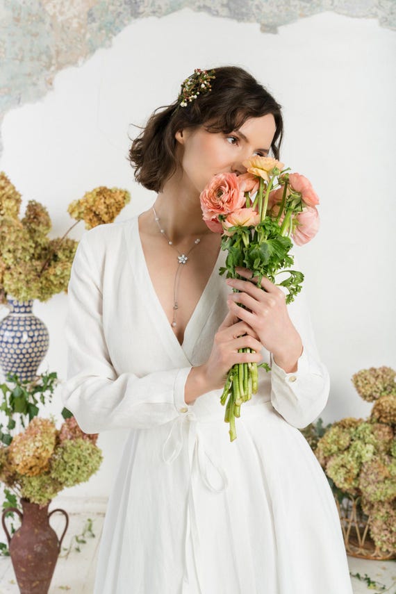 LINEN WRAP DRESS | White Modest Boho Wedding Dress, Long Sleeve Bridal Dress,  Reception Dress, Elopement Dress, City Hall, White Magnolia - Etsy Israel