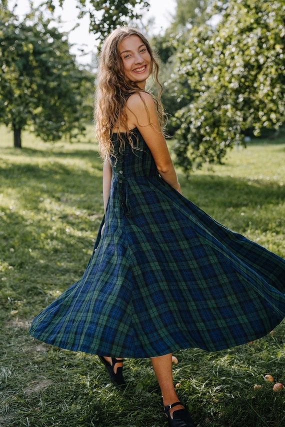 LINEN PINAFORE DRESS Plaid Dress, Tartan Dress, Vintage Style Dress, Circe  Dress, Linen Clothing, Sleeveless Dress, Apron Dress,flax Dress 